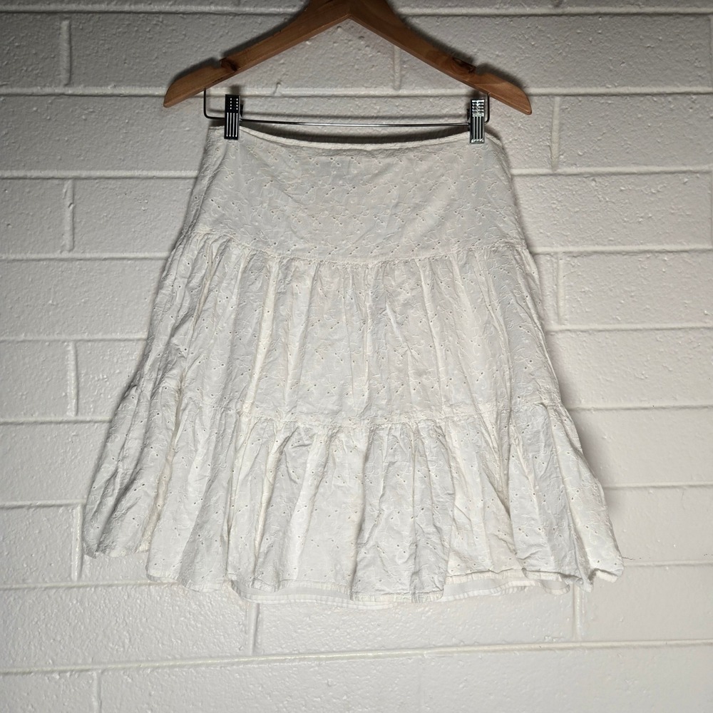 American Living Eyelet Tiered Skirt 6 White Cotton Boho Cottagecore Coquette